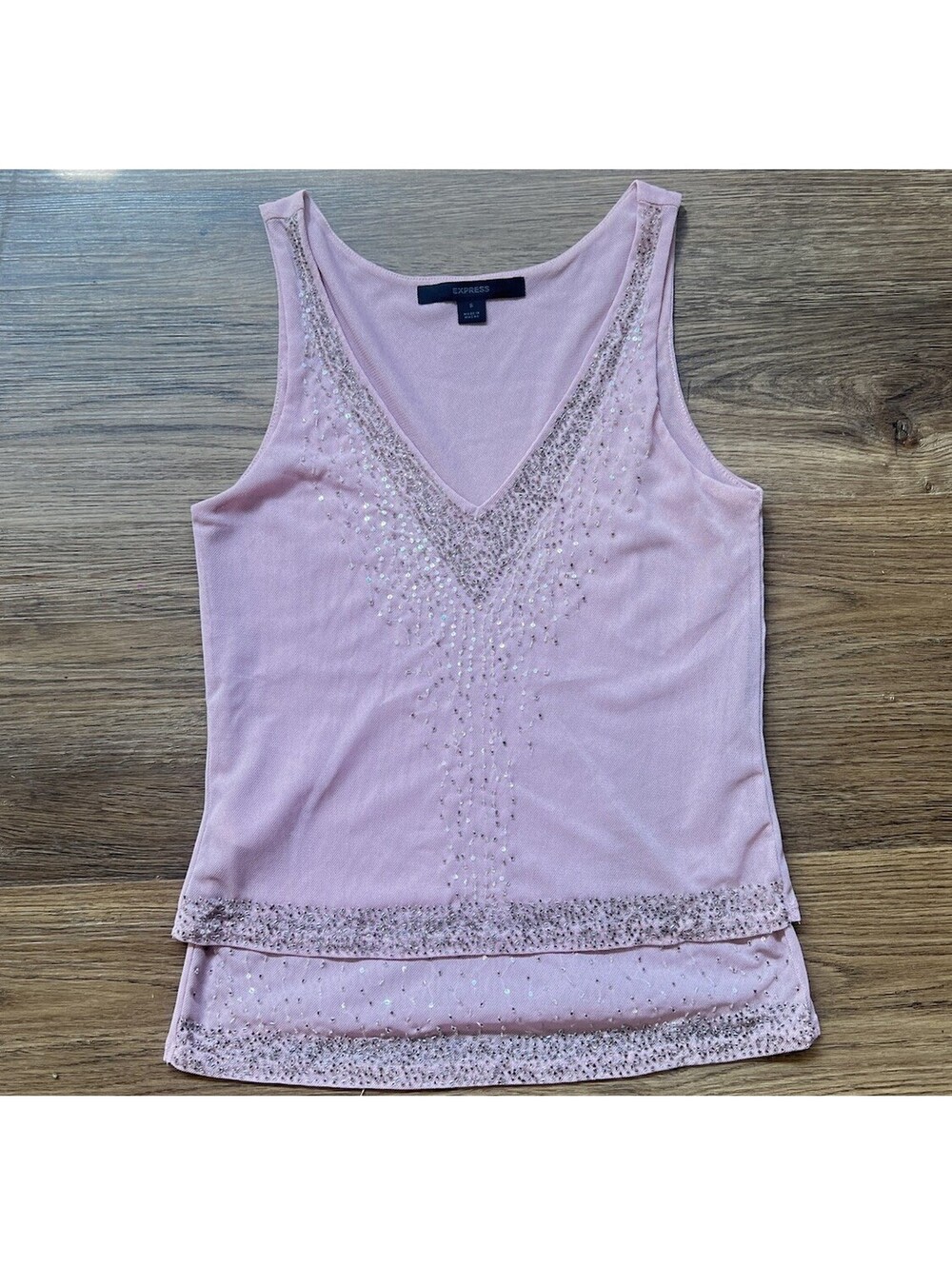 Vintage Express Pink Beaded Sequin V-Neck Mesh Layered Tank Top Small Y2K